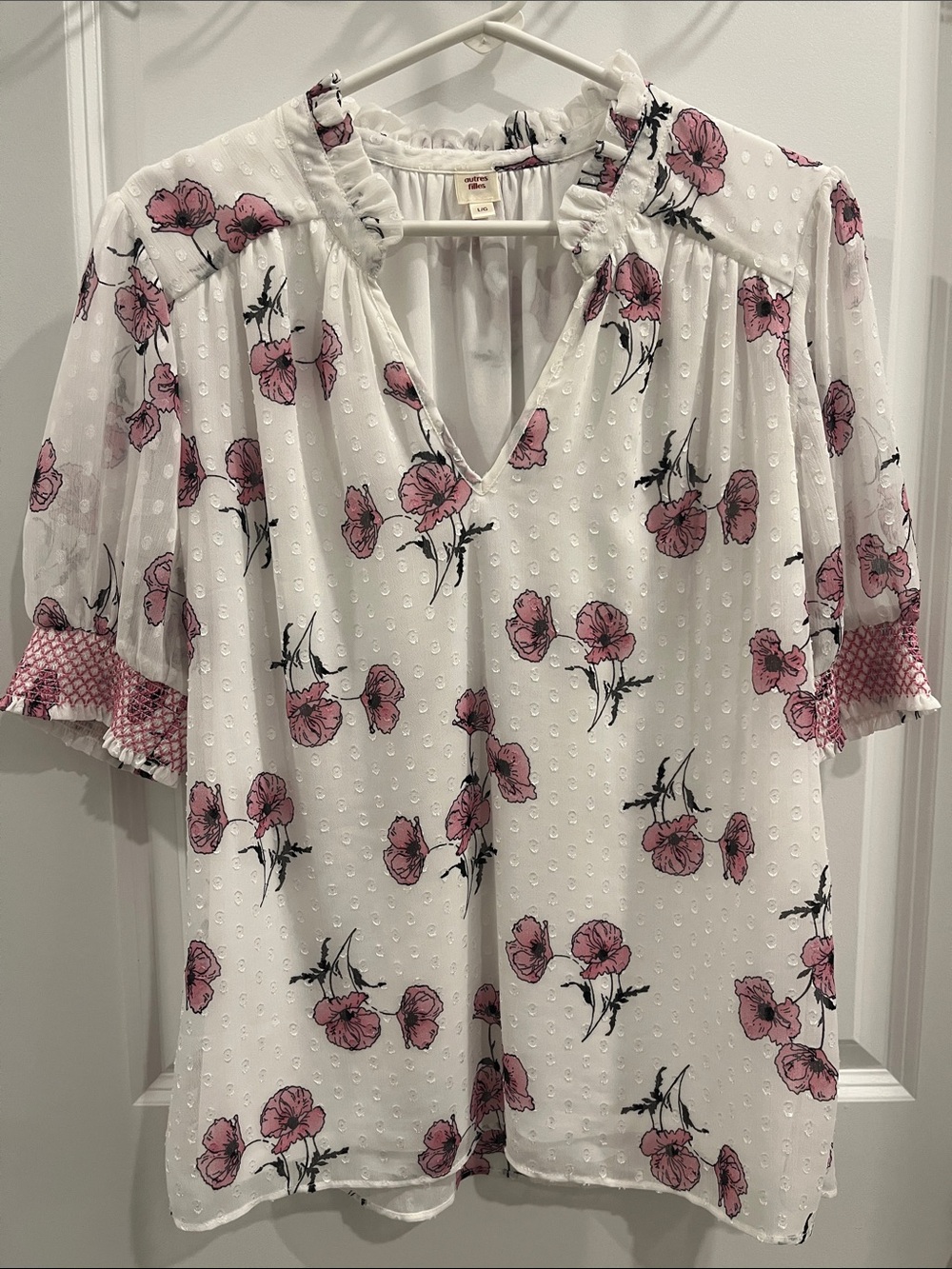 Women’s White Floral V-Neck Blouse with Pink Poppy Print